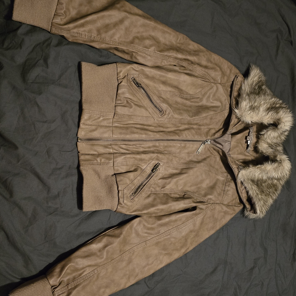 Ashley By 26 International Faux Leather Bomber Jacket with Faux Fur Hood - Tan